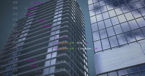 Image of data processing over cityscape on blue background 스톡 사진