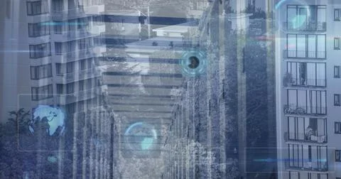 Image of data processing over cityscape and computer servers Stockfoto's