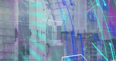 Image of data processing over cityscape and computer servers Foto stock