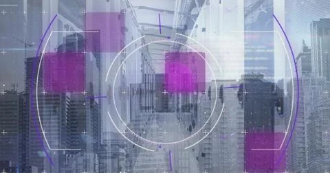 Image of data processing over cityscape and computer servers Foto stock