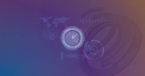 Image of data processing over clock and blue background Illustrazione stock