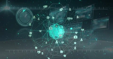 Image of data processing over clock and globe 스톡 일러스트