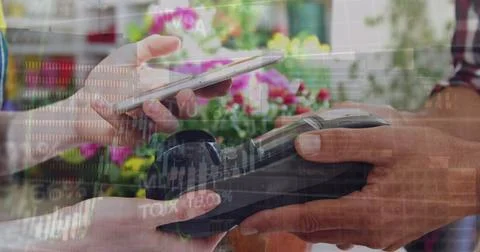 Image of data processing over close up of a hand using smartphone to make Foto stock