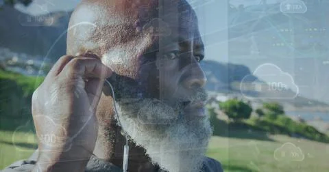 Image of data processing over close up of african american senior man wearing Stock Photos
