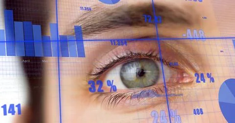 Image of data processing over close up of man's eye Foto stock