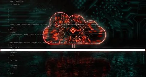 Image of data processing over cloud icon with computer circuit board on bla.. Stock Photos