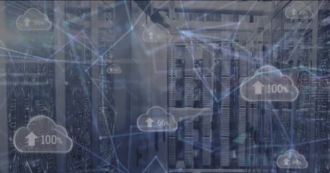 Image of data processing over cloud icons with percents and server room Stock Photos