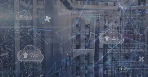 Image of data processing over cloud icons with percents and server room Stock Photos