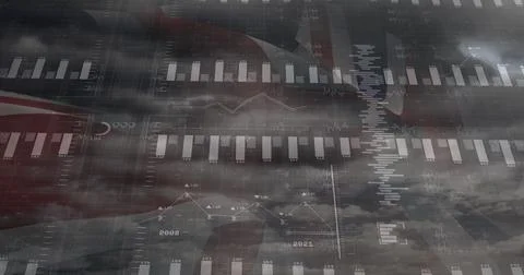 Image of data processing over clouds and flag of uk イラスト素材