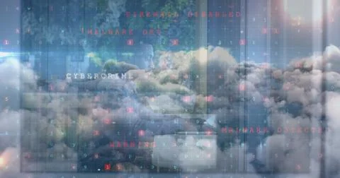 Image of data processing over clouds and biracial businessman using computer イラスト素材