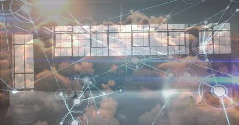 Image of data processing over clouds and male basketball players at gym Stock Illustration
