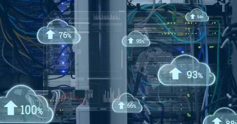 Image of data processing over clouds and server room Stock Photos