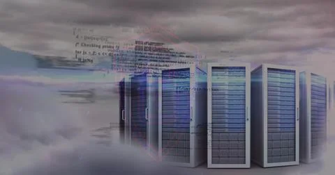 Image of data processing over clouds and servers Stock Photos