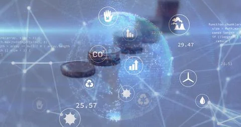 Image of data processing over coins and ecology icons Illustrazione stock