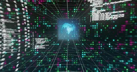 Image of data processing over colourful light spots on black background Stock Illustration