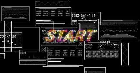 Image of data processing over colourful start text on black background Stockfoto's