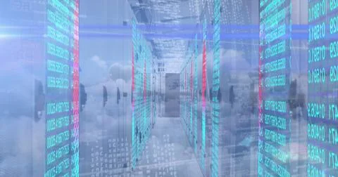 Image of data processing over computer servers against sky with clouds Stock Illustration