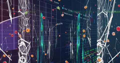 Image of data processing over computer circuit board on dark background イラスト素材