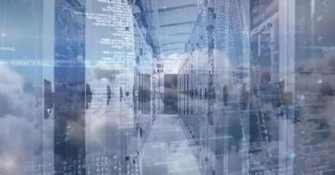 Image of data processing over computer servers and sky with clouds Stockfoto's