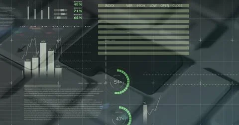 Image of data processing over computer keyboard on grey background Stock-Fotos