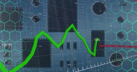 Image of data processing over computer circuit board on blue background Foto stock