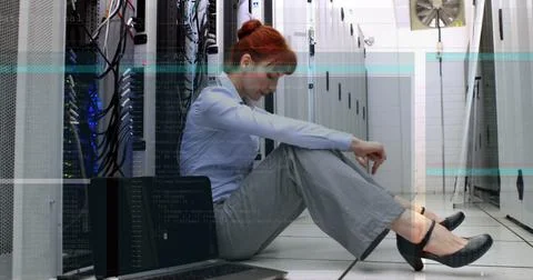 Image of data processing over computer servers and tired caucasian female it 写真素材
