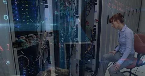 Image of data processing over computer servers and caucasian female it engineer 스톡 사진