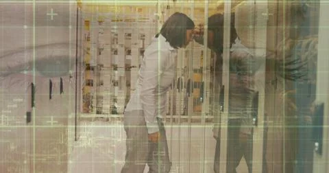 Image of data processing over computer servers and tired caucasian female it Stock Photos