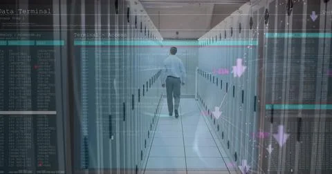 Image of data processing over computer servers and caucasian male it engineer 스톡 사진