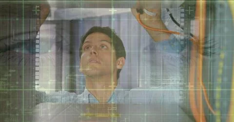 Image of data processing over computer servers and caucasian male it engineer 写真素材