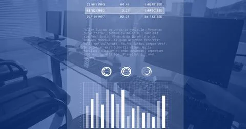 Image of data processing over computers in office, copy space Stock Photos