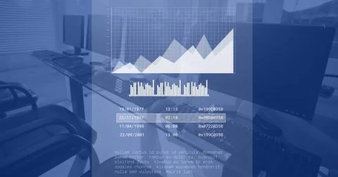 Image of data processing over computers in office, copy space Stock Photos