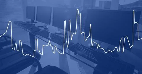 Image of data processing over computers in office, copy space Foto stock