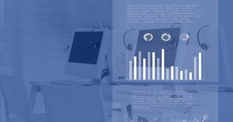 Image of data processing over computers in office, copy space Foto stock