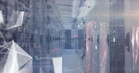 Image of data processing over connections, lights and servers Stock Illustration