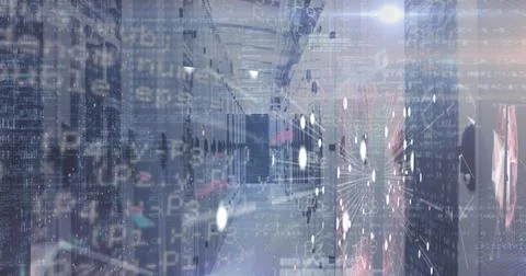 Image of data processing over connections, lights and servers Stock Illustration