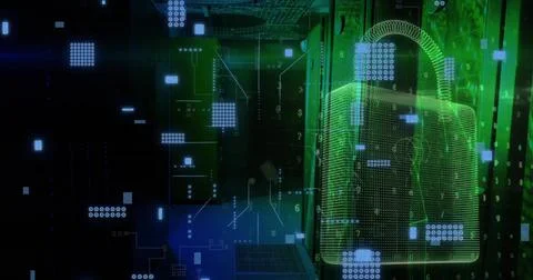 Image of data processing over connections with padlock Stock Photos