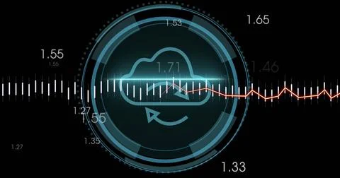 Image of data processing over cyber security text banner and cloud icon on round Stockillustratie