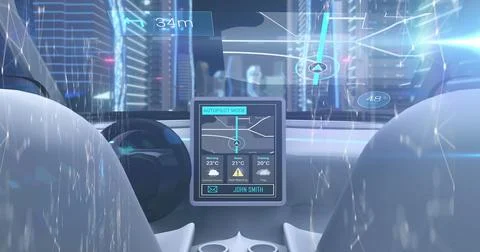 Image of data processing over dashboard in self drive car Ilustración de archivo