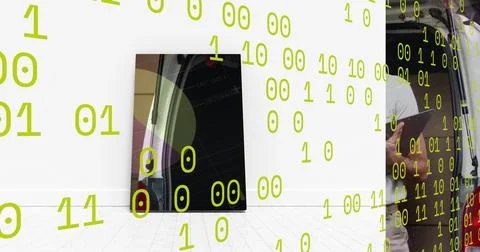 Image of data processing over delivery man next to a car 스톡 사진