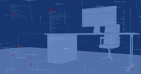 Image of data processing over desk with computer on blue background Illustrazione stock
