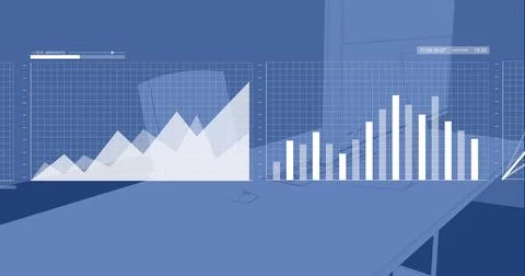 Image of data processing over desk with computer on blue background Illustrazione stock