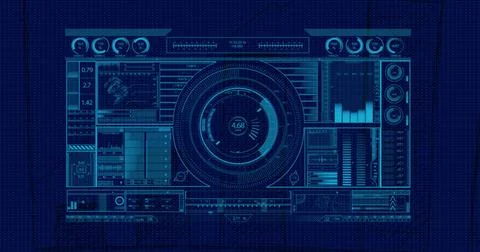 Image of data processing over diagram on blue background 写真素材