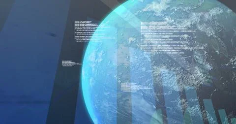 Image of data processing over diagram and globe Stock Photos