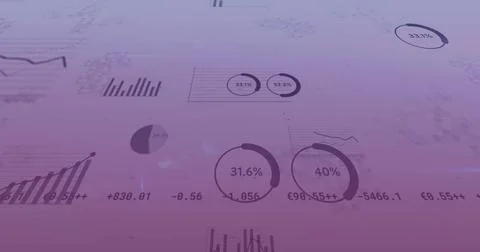 Image of data processing over diagrams on pink background Stockillustratie