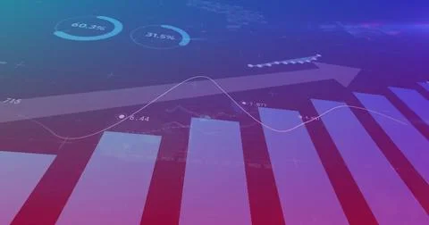 Image of data processing over diagrams on blue background Stockillustratie