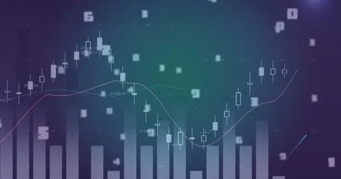 Image of data processing over diagrams on blue background Illustrazione stock