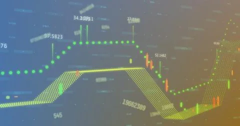 Image of data processing over diagrams on blue background Stock Illustration