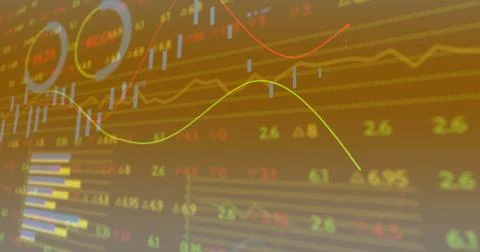 Image of data processing over diagrams on orange background Stock Illustration