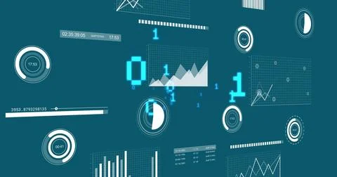 Image of data processing over diagrams and binary coding Illustrazione stock